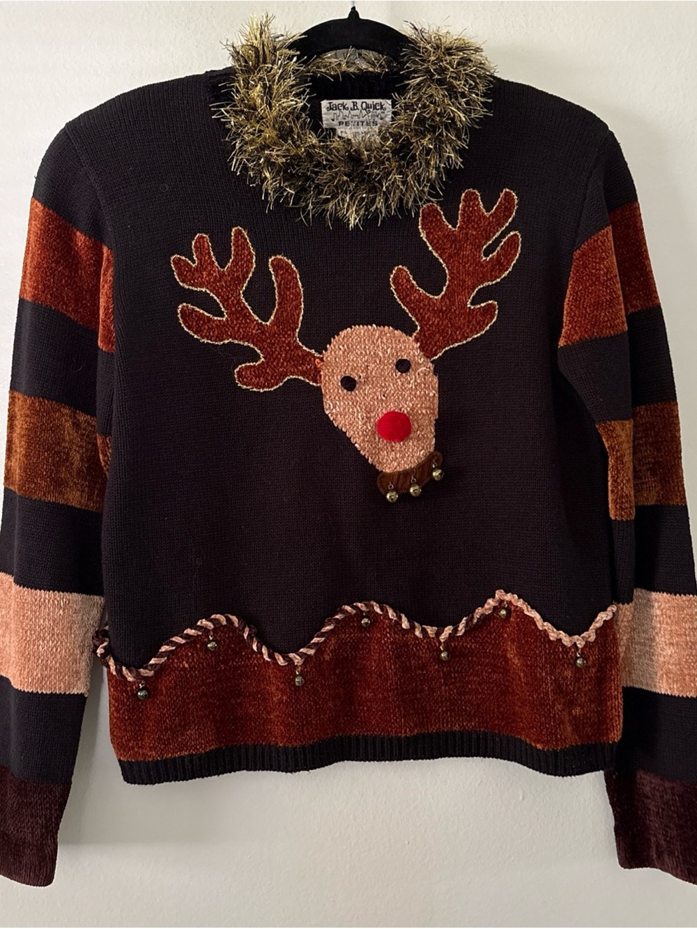 Vtg Jack B Quick Petite PS Christmas Sweater Reindeer Bells Fringe Pullover